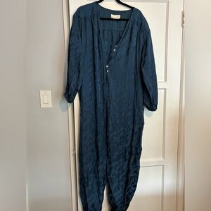 Anthropologie Navy Blue Silky Tonal Animal Print Jumpsuit
